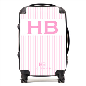 Personalised White and Pink Pinstripe with Pink Font Initial Suitcase - HB LONDON