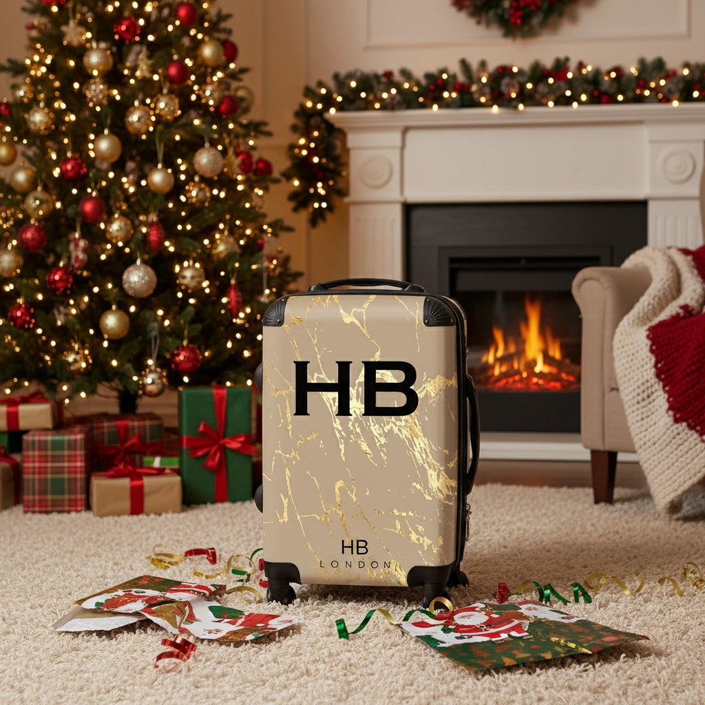 Personalised Nude Gold Marble Initial Suitcase