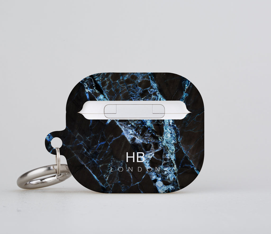 Personalised Black and Blue Cracked Marble with Black Font Initial AirPod Case