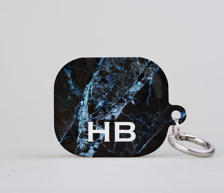 Personalised Black and Blue Cracked Marble with Black Font Initial AirPod Case
