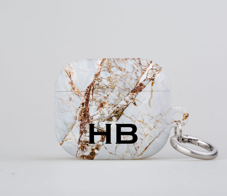 Personalised Natural Cracked Marble with Black Font Initial AirPod Case