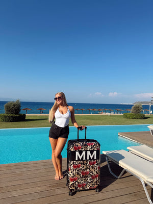 Personalised Leopard Print and Cherries with White Font Initial Suitcase