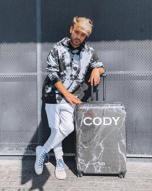 Personalised Black Marble with White Font Initial Suitcase - HB LONDON