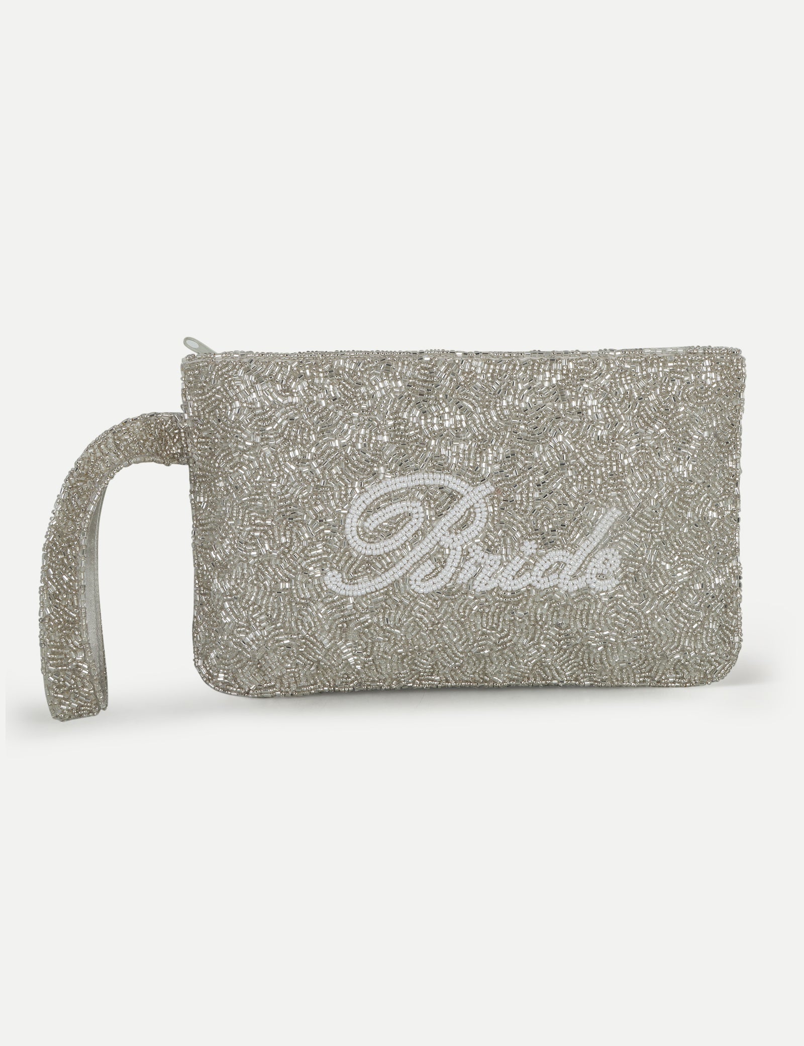 HB London Beaded Grace Wristlet Pouch - Silver with White Cursive Font