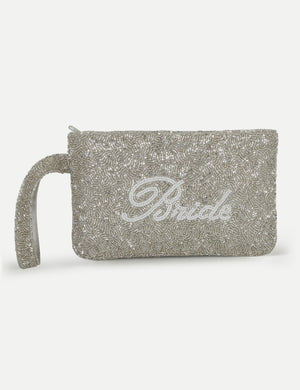 HB London Beaded Grace Wristlet Pouch - Silver with White Cursive Font