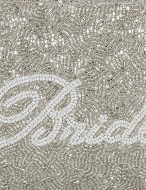 HB London Beaded Grace Wristlet Pouch - Silver with White Cursive Font