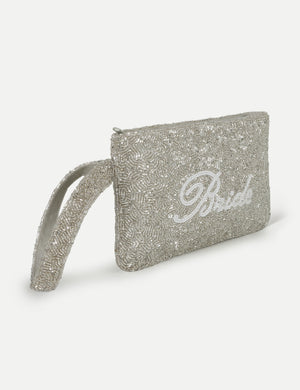 HB London Beaded Grace Wristlet Pouch - Silver with White Cursive Font