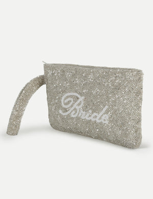 HB London Beaded Grace Wristlet Pouch - Silver with White Cursive Font
