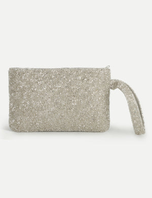 HB London Beaded Grace Wristlet Pouch - Silver with White Cursive Font
