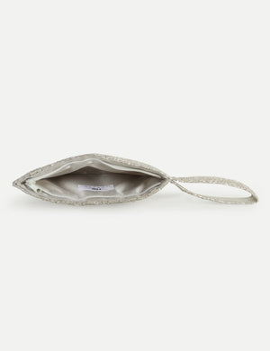 HB London Beaded Grace Wristlet Pouch - Silver with White Cursive Font