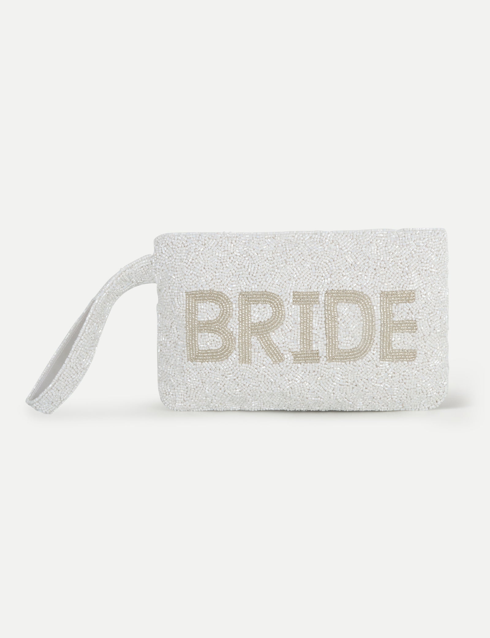 HB London Beaded Grace Wristlet Pouch - White with Ivory Font