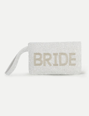 HB London Beaded Grace Wristlet Pouch - White with Ivory Font