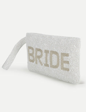 HB London Beaded Grace Wristlet Pouch - White with Ivory Font