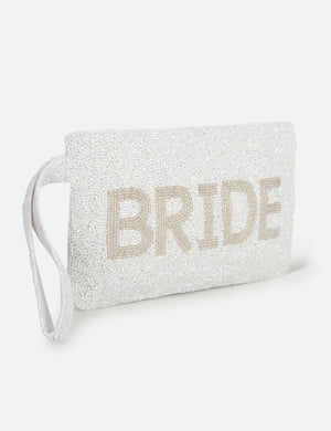 HB London Beaded Grace Wristlet Pouch - White with Ivory Font