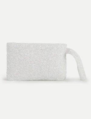 HB London Beaded Grace Wristlet Pouch - White with Ivory Font