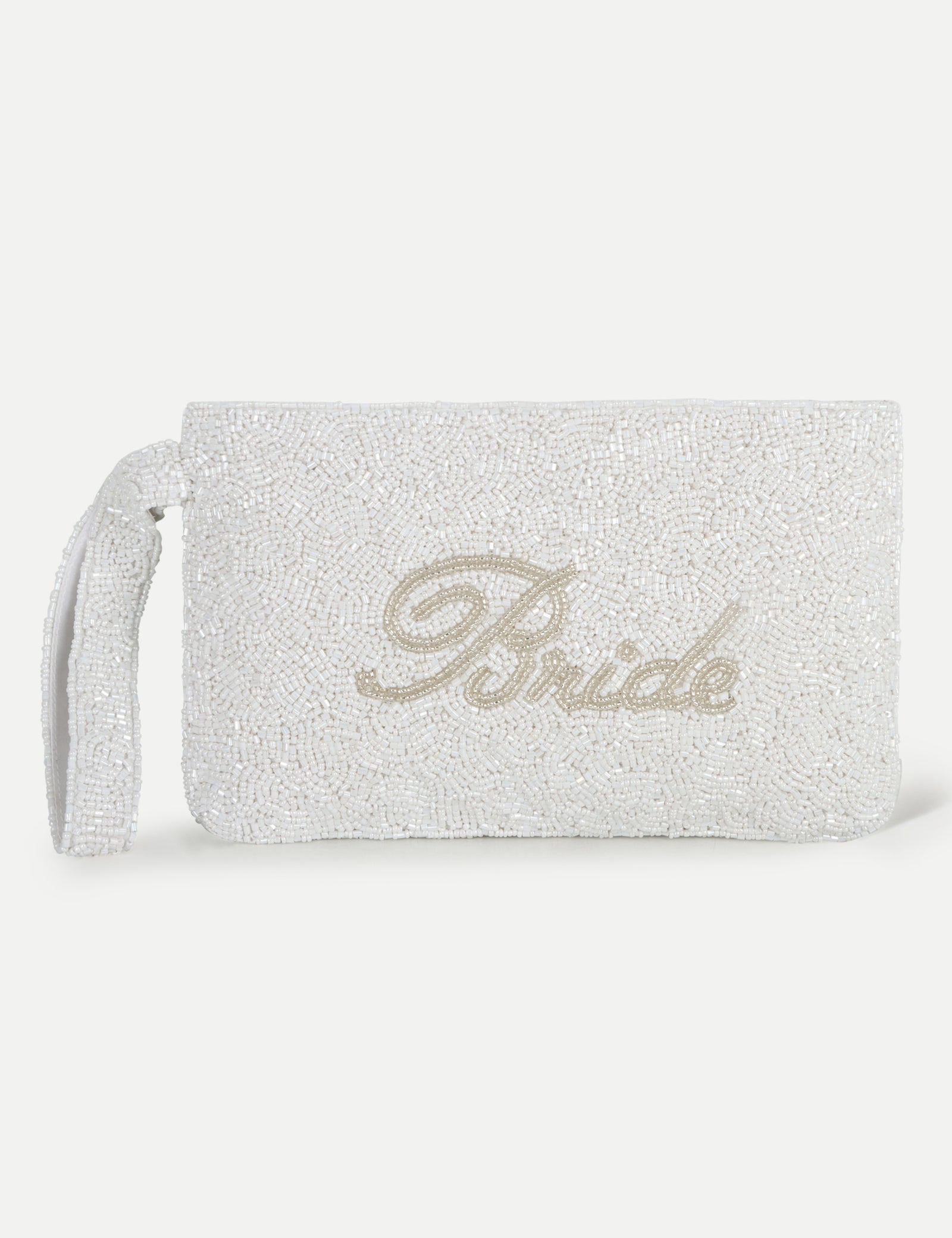 HB London Beaded Grace Wristlet Pouch -White with Ivory Cursive Font