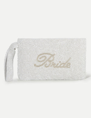 HB London Beaded Grace Wristlet Pouch -White with Ivory Cursive Font