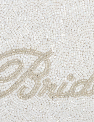 HB London Beaded Grace Wristlet Pouch -White with Ivory Cursive Font