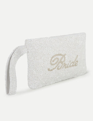 HB London Beaded Grace Wristlet Pouch -White with Ivory Cursive Font