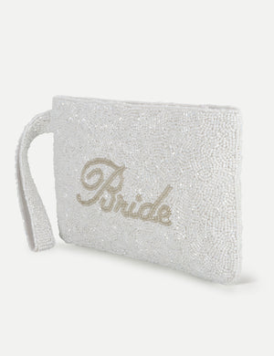 HB London Beaded Grace Wristlet Pouch -White with Ivory Cursive Font