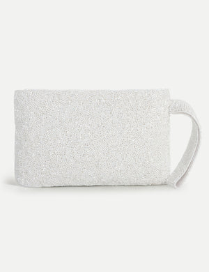 HB London Beaded Grace Wristlet Pouch -White with Ivory Cursive Font