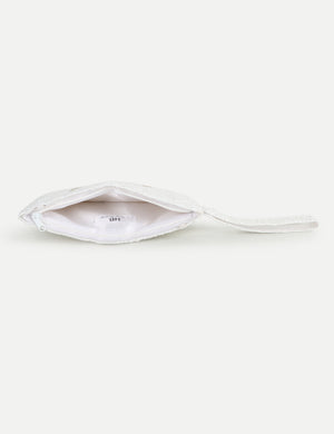 HB London Beaded Grace Wristlet Pouch -White with Ivory Cursive Font