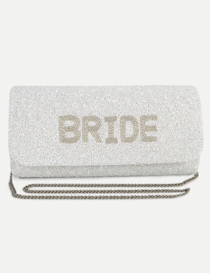 HB London Juliette Beaded Clutch Bag – White with Ivory Font