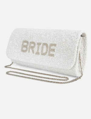 HB London Juliette Beaded Clutch Bag – White with Ivory Font
