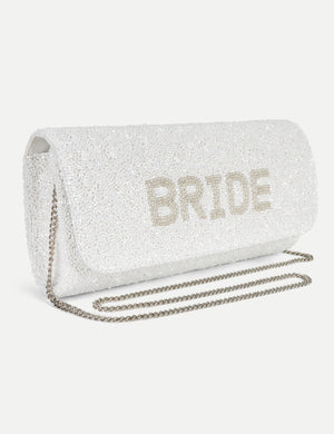 HB London Juliette Beaded Clutch Bag – White with Ivory Font