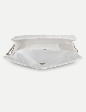 HB London Juliette Beaded Clutch Bag – White with Ivory Font