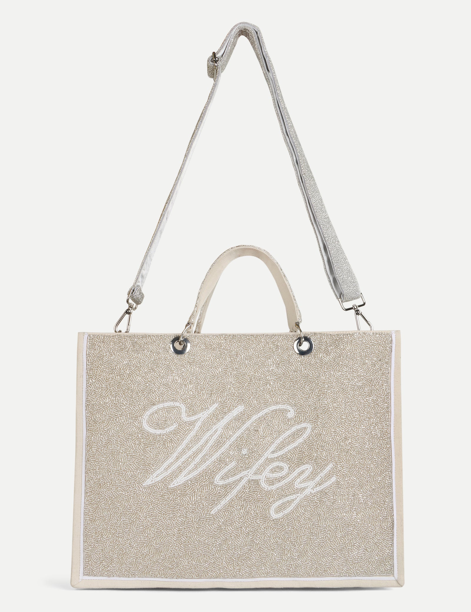 HB London Voyage Beaded Tote Bag - Gold with White Cursive Font