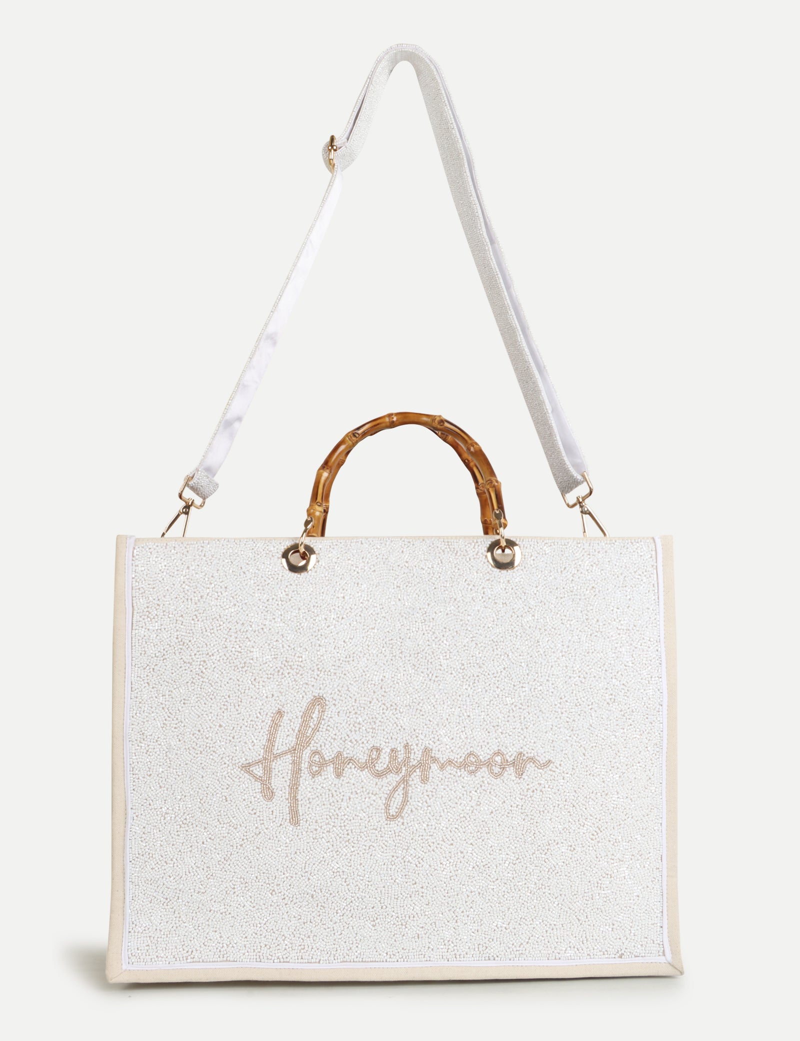 HB London Voyage Beaded Tote Bag - White with Champagne Font