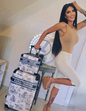 Personalised Navy Oriental Toile with Designer Font Initial Suitcase