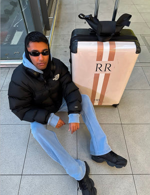 Personalised Beige, White and Nude Stripe with Black Font Initial Suitcase