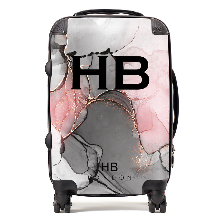 Personalised Grey, Pink and Rose Gold Ink Marble with Black Font Initial Suitcase