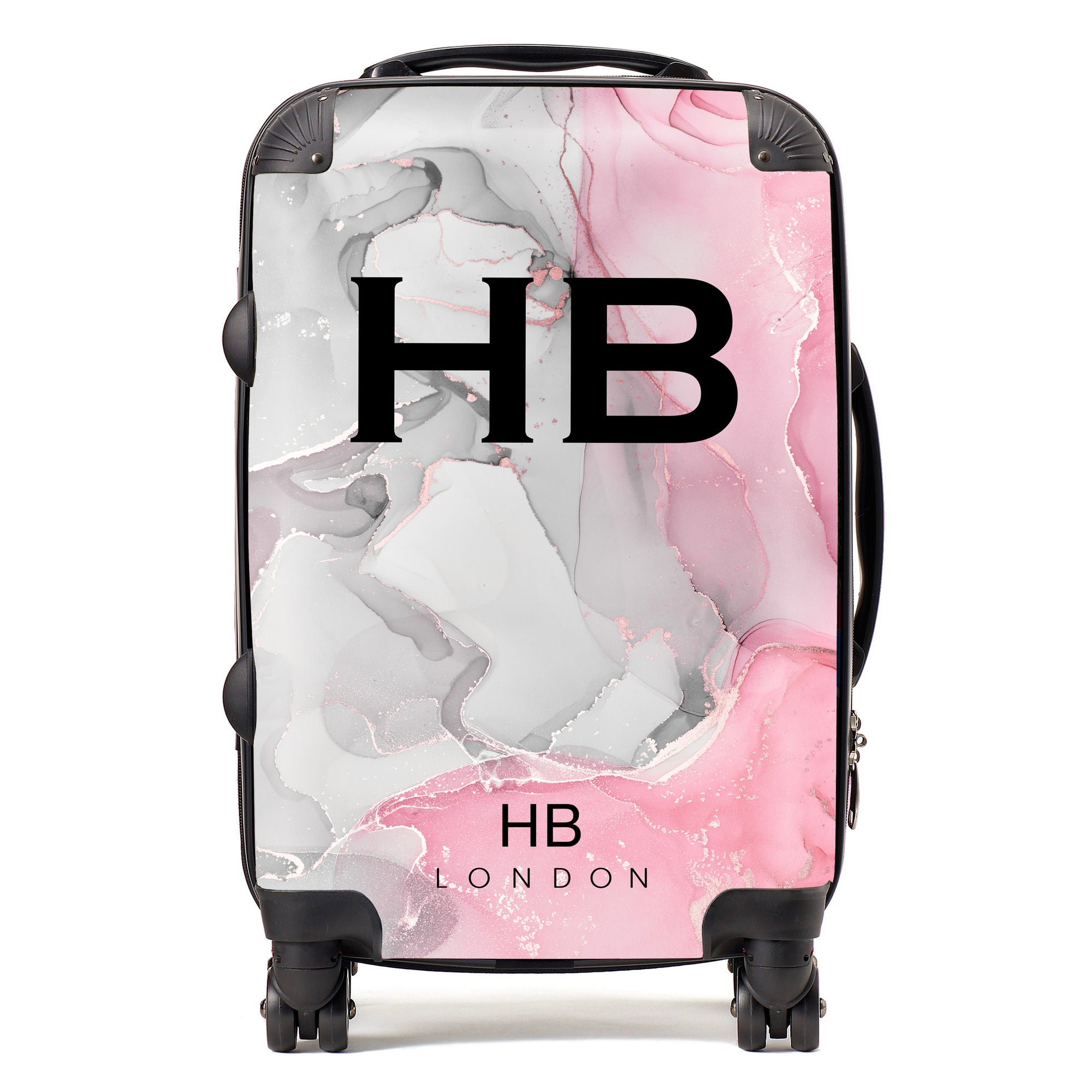 Personalised Grey and Pink Ink Marble with Black Font Initial Suitcase