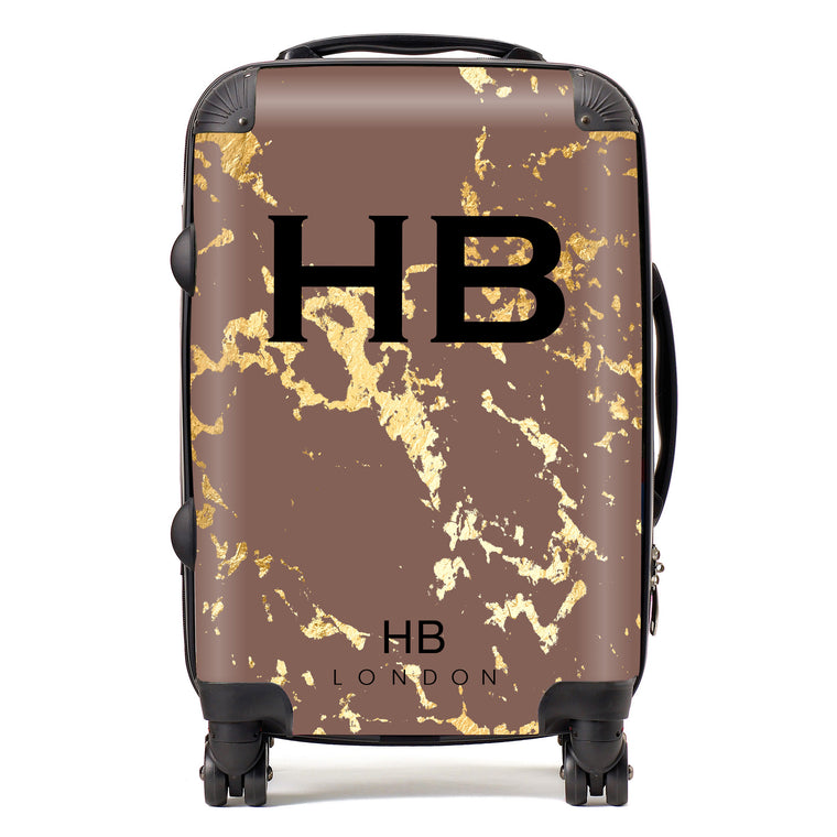 Personalised Mocha and Gold Marble Initial Suitcase