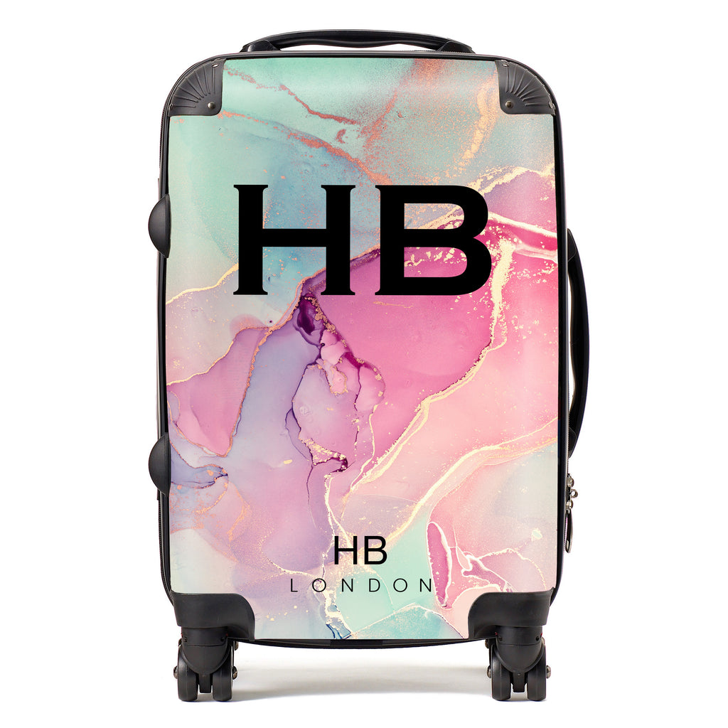 Personalised Pastel and Gold Ink Marble with Black Font Initial Suitcase