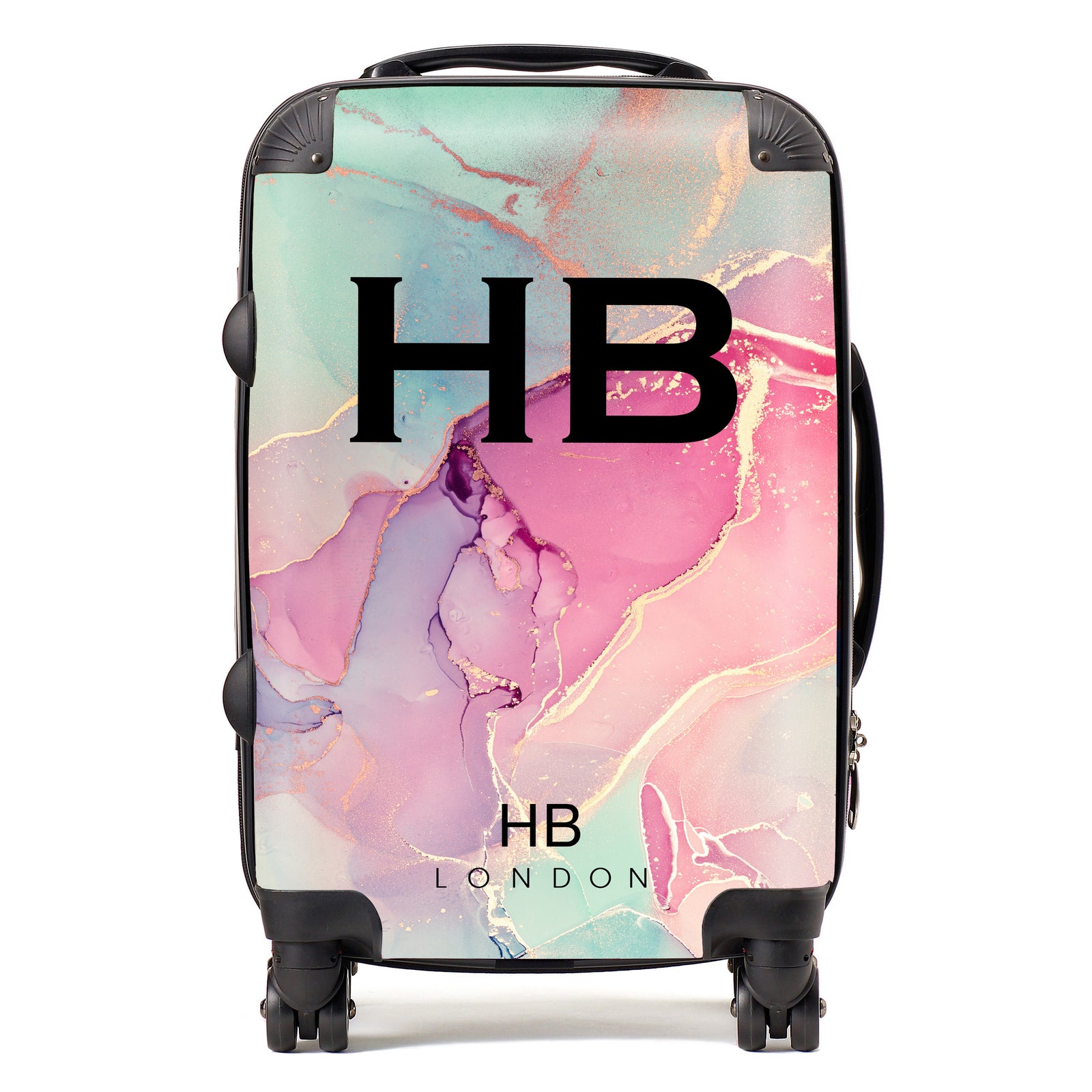 Personalised Pastel and Gold Ink Marble with Black Font Initial Suitcase