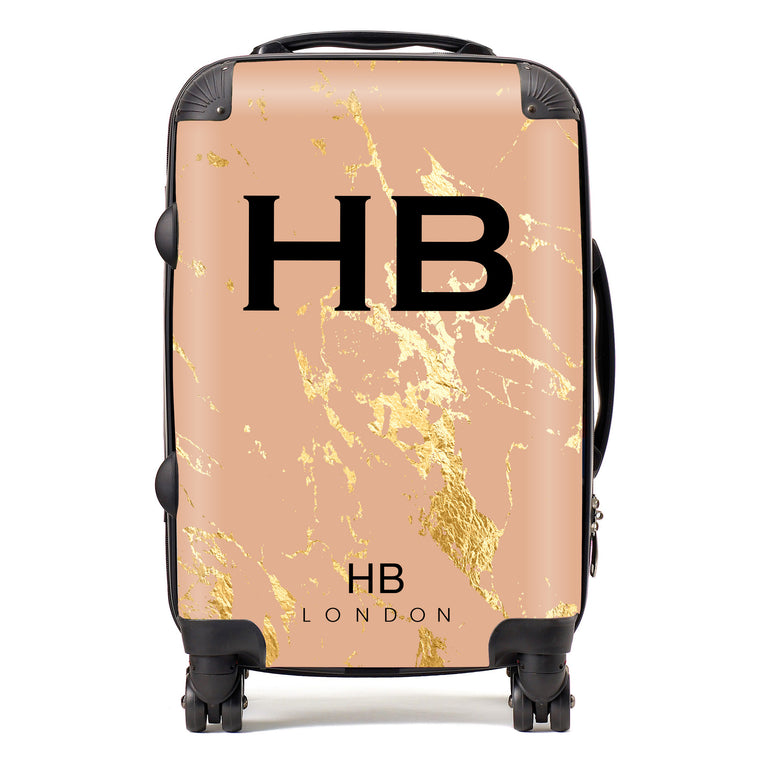 Personalised Peach and Gold Marble Initial Suitcase
