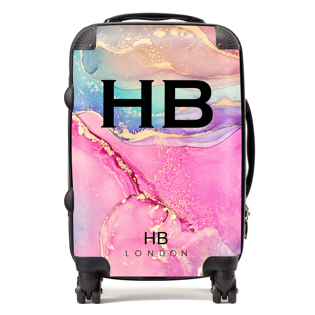 Personalised Pink Galaxy and Gold Ink Marble with Black Font Initial Suitcase