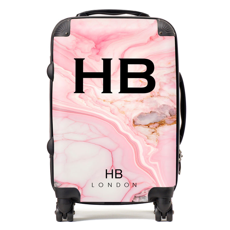 Personalised Pink Granite Marble with Black Font Initial Suitcase