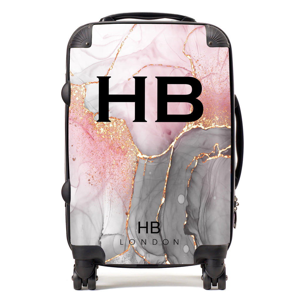 Personalised Grey, Pink and Gold Ink Marble with Black Font Initial Suitcase