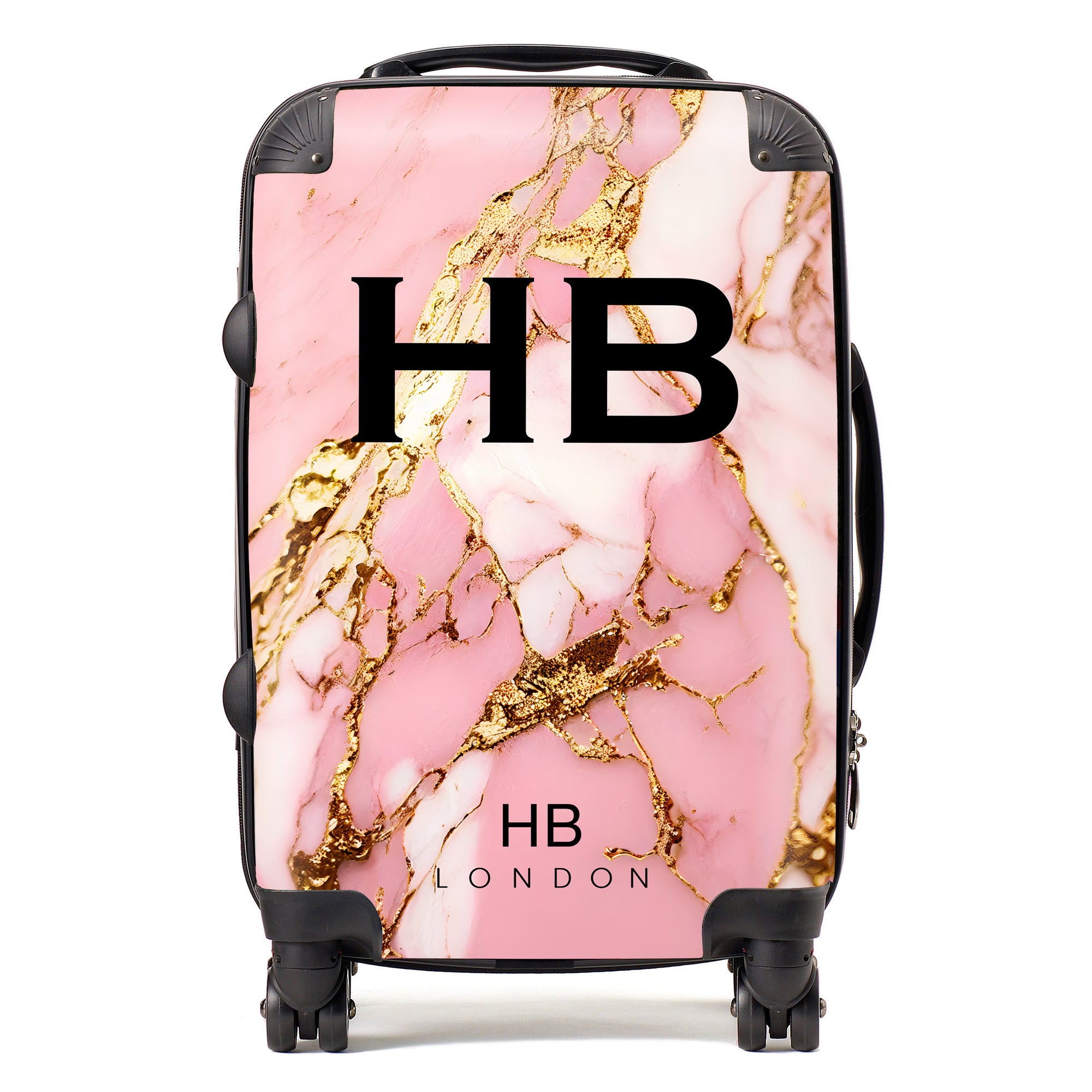 Personalised Pink and Gold Granite Marble with Black Font Initial Suitcase