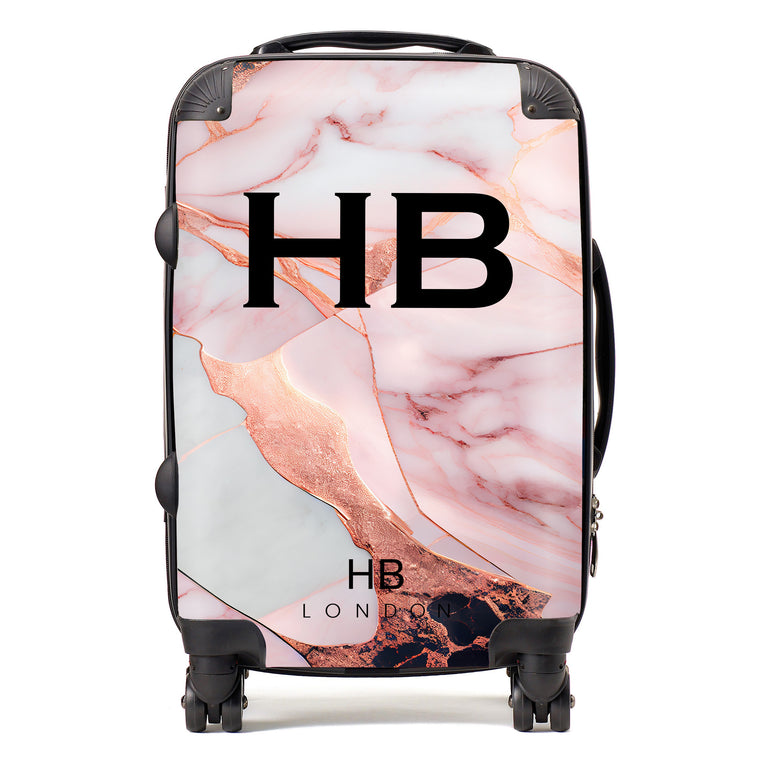 Personalised Pink and Rose Gold Marble with Black Font Initial Suitcase