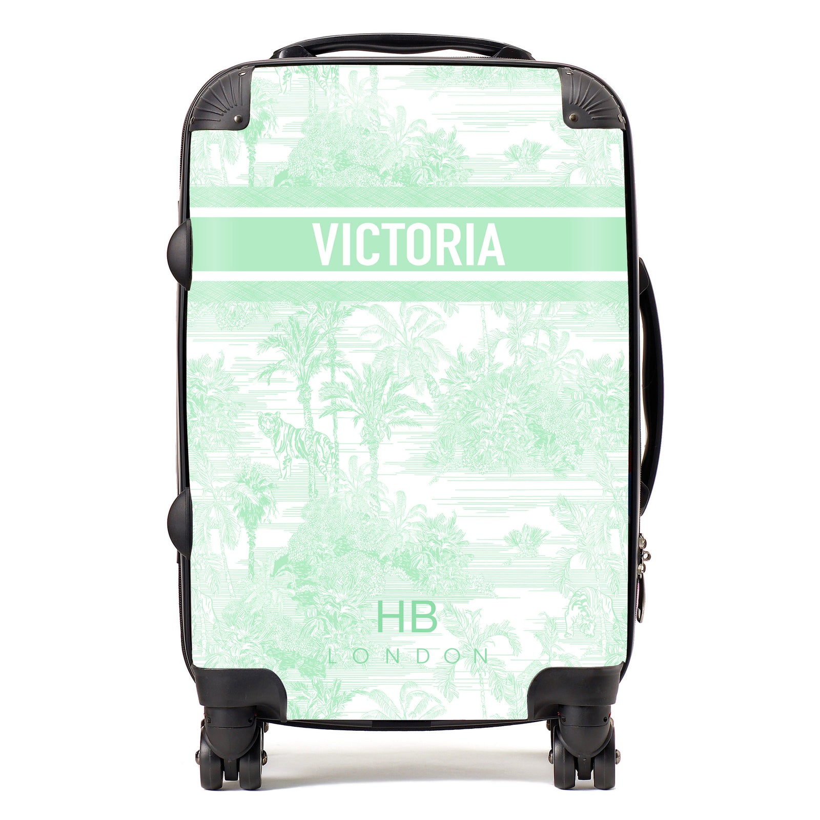 Personalised Mint Green Tiger Toile with Designer Font Initial Suitcase
