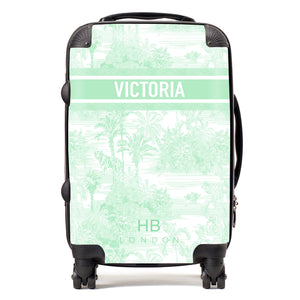 Personalised Mint Green Tiger Toile with Designer Font Initial Suitcase
