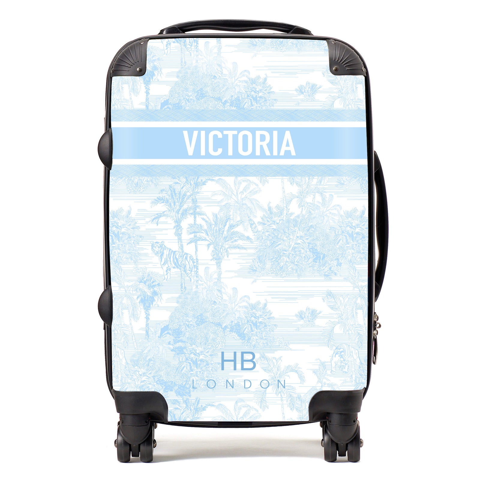 Personalised Powder Blue Tiger Toile with Designer Font Initial Suitcase
