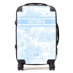 Personalised Powder Blue Tiger Toile with Designer Font Initial Suitcase
