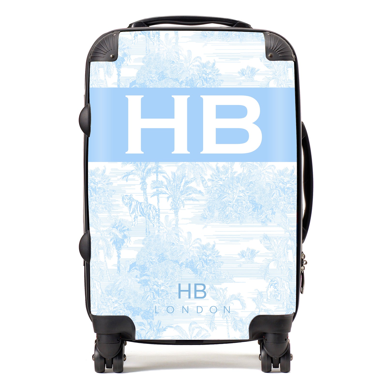Personalised Powder Blue Tiger Toile with Original Font Initial Suitcase